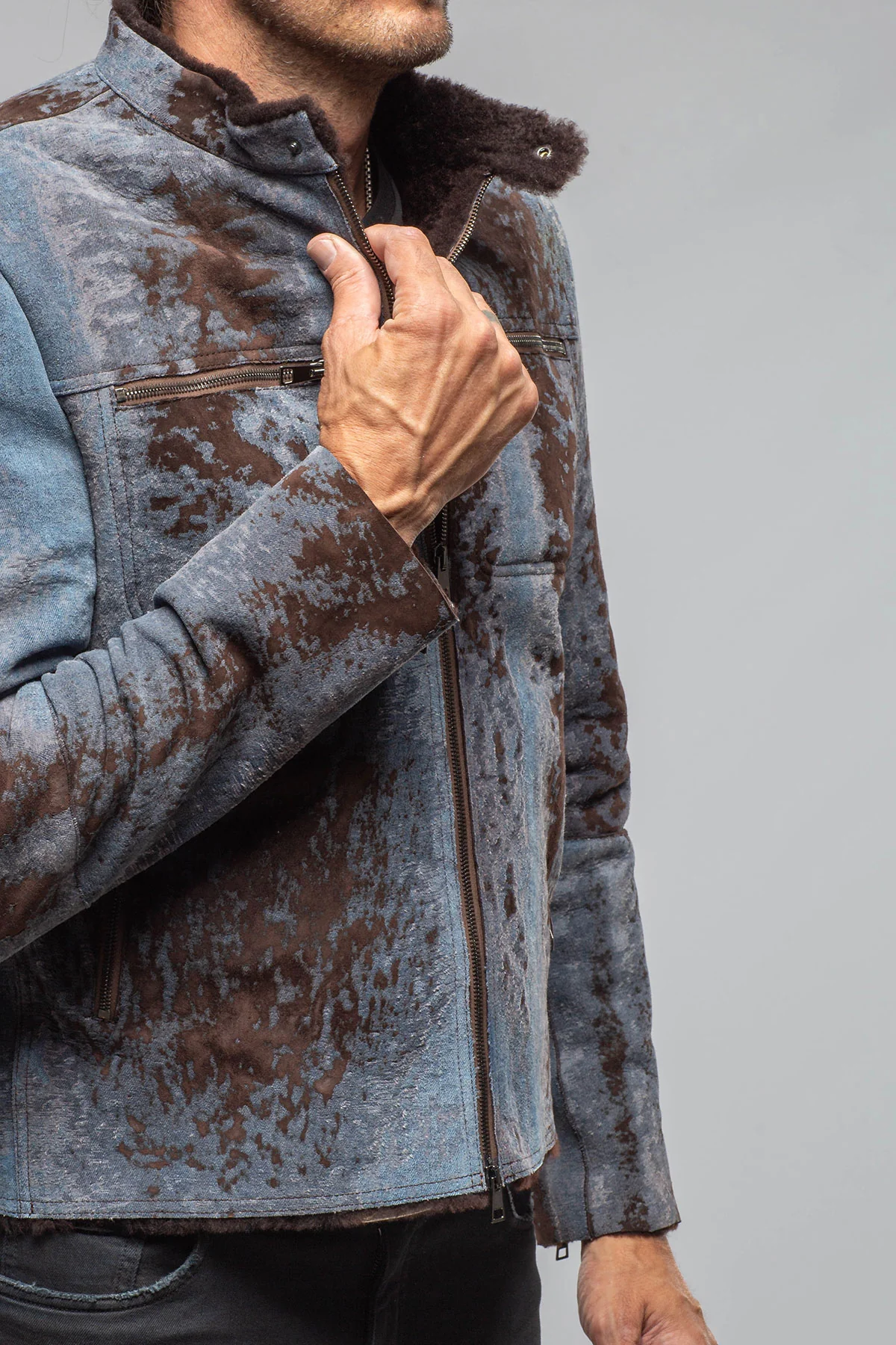 Jean Shearling Moto In Distressed Brown - Image 3