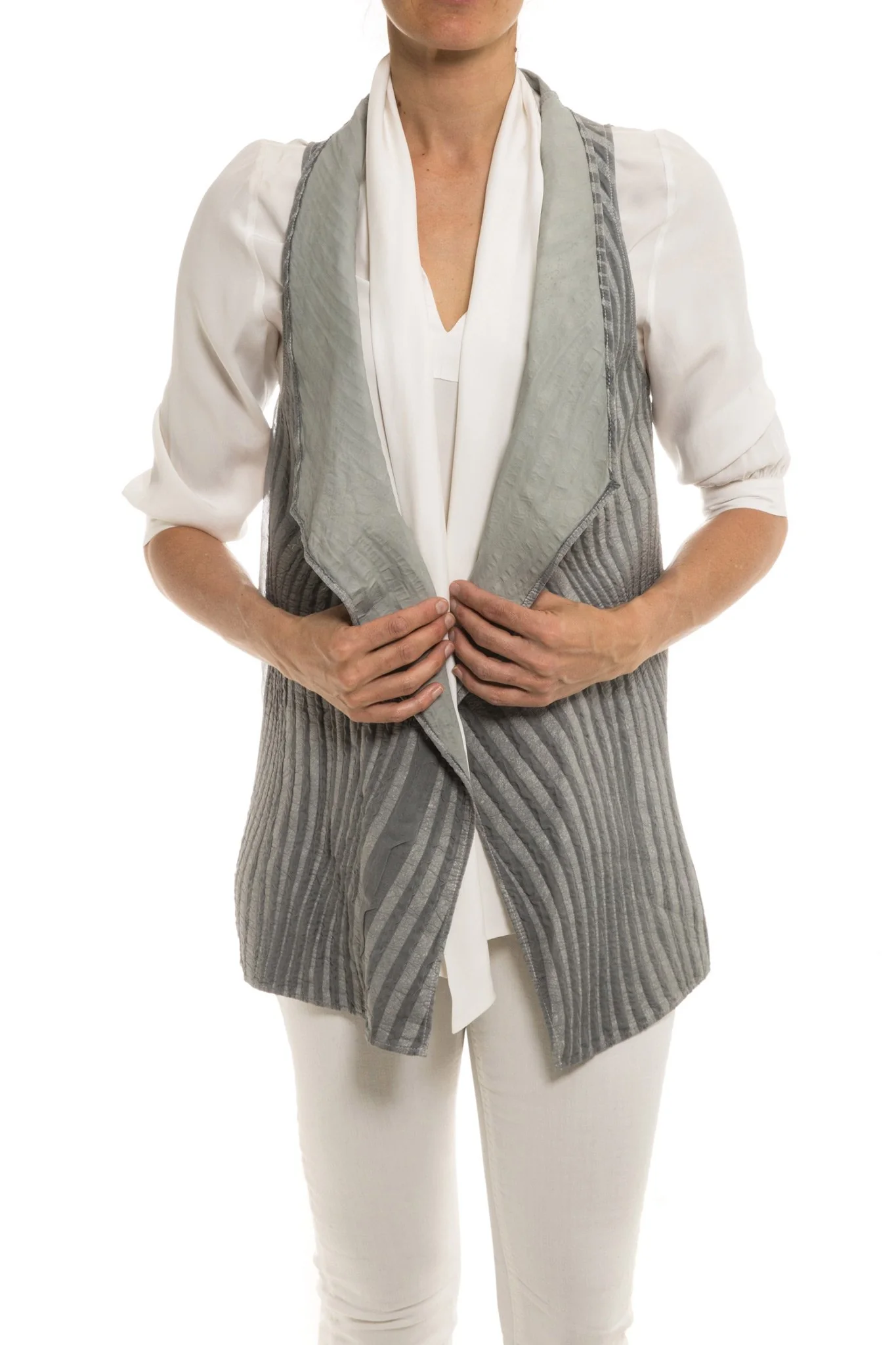 Kalahari Leather/Chiffon Vest in Pearl - Image 3
