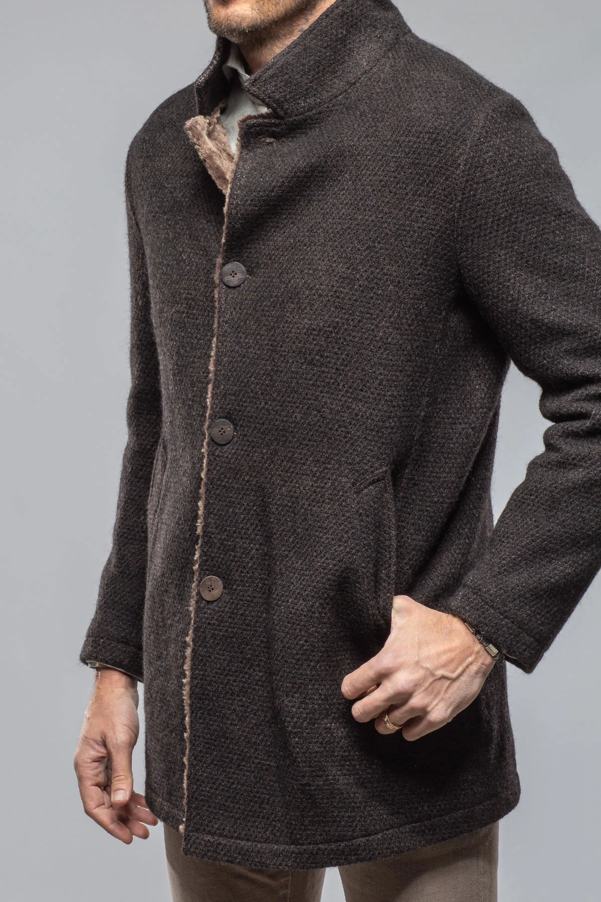 Lazard Long Knit Coat In Charcoal Brown - Image 5